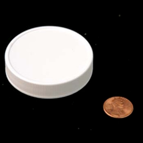 Product image of a 58mm (58-400) White PP Foam Lined Ribbed Cap (PKW-C058C4RPTSW). This cap is designed for sealing containers and features a foam lining for secure closures.