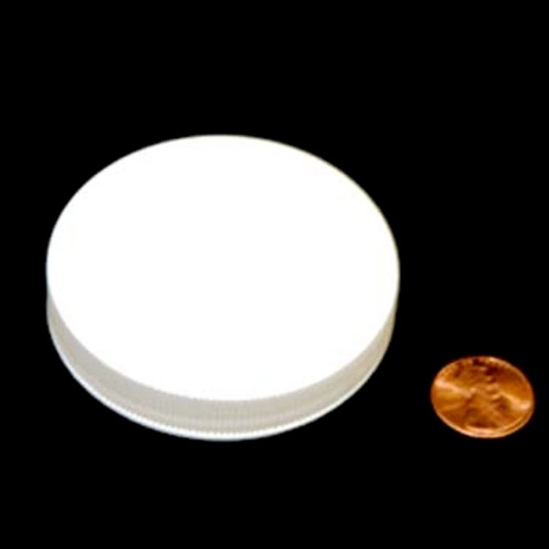 Product image of a 63mm (63-400) White PP Pressure Sensitive Lined Ribbed Cap (PKW-C063C4RPPSW). This cap is used for sealing containers and features a pressure-sensitive lining for reliable closures.