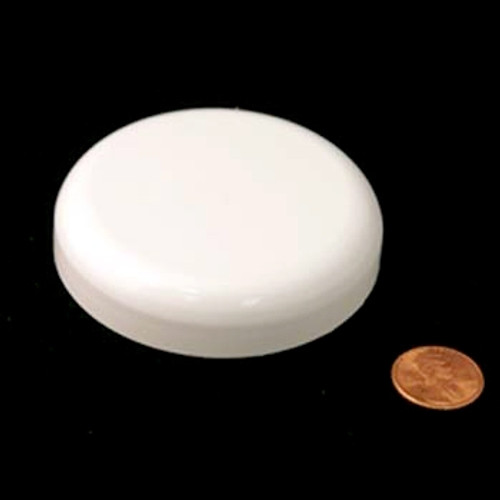Product image of a 70mm (70-400) White PP Foam Lined Dome Cap (PKW-C070C4DPTSW). This cap is designed for sealing containers and includes a foam lining for added sealing capability.