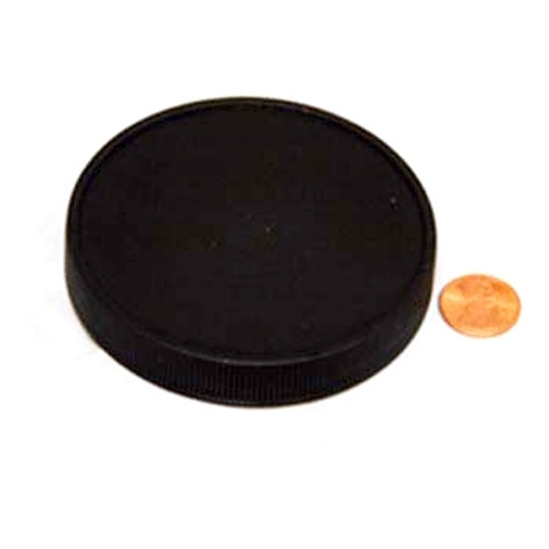 Product image of an 83mm (83-400) Black PP Pressure Sensitive Lined Smooth Cap (PKW-C083C4SPPSB). This cap is used for sealing containers and features a smooth texture with a pressure-sensitive lining for reliable closures.