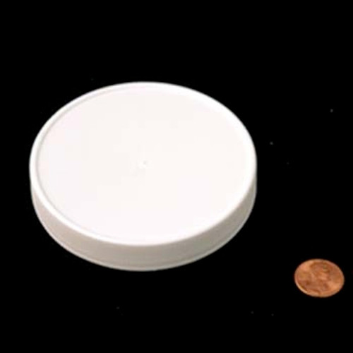 Product image of an 89mm (89-400) White PP Foam Lined Ribbed Cap (PKW-C089C4RPTSW). This cap is used for sealing containers and features a ribbed texture with a foam lining for secure closures.