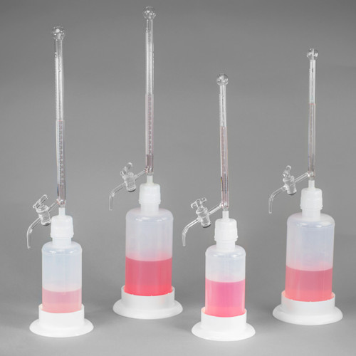Laboratory setup featuring a 25 ml/16 oz automatic self-zeroing burette, showcasing its sleek design and precise measurement capabilities.