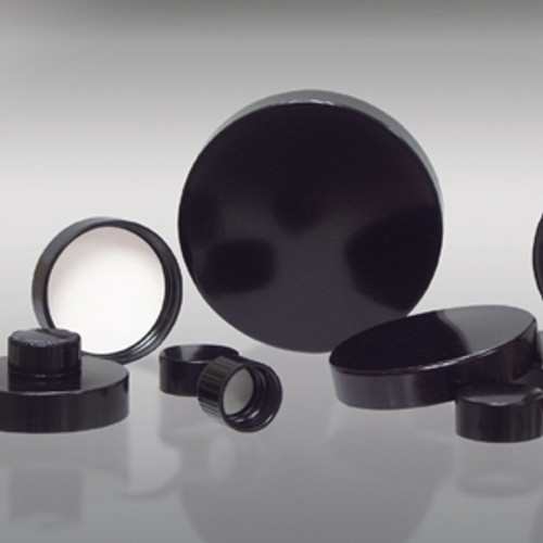 An individual 33-400 Black Phenolic Cap with a Pulp/Vinyl Liner, suitable for sealing containers and ensuring a reliable seal.