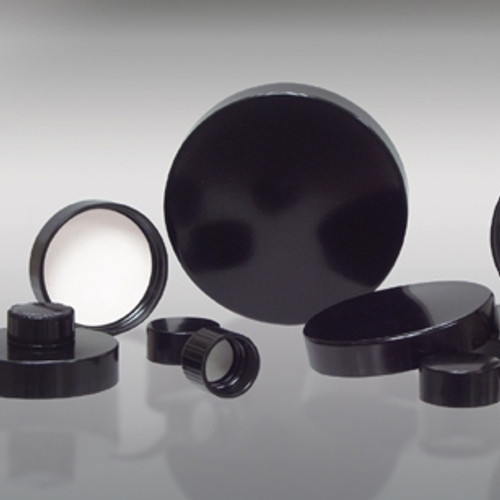 A single 53-400 Black Phenolic Cap with a Pulp/Vinyl Liner, designed for securely sealing containers.