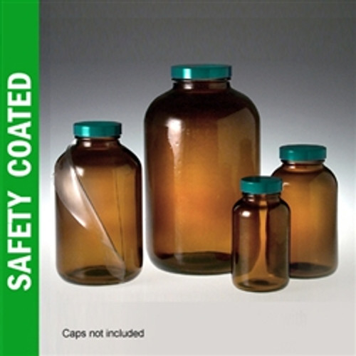 Safety Coated Amber Wide Mouth Packer Bottles, 1L (32oz), No Caps, case/12