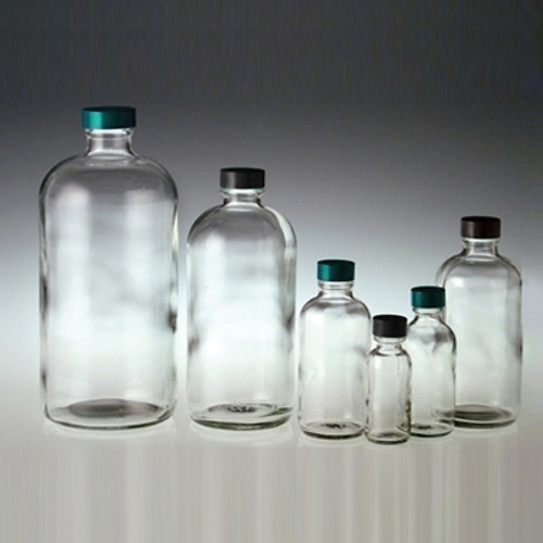 16oz Boston Round Glass Bottles, Green PTFE Lined Caps, case/12
