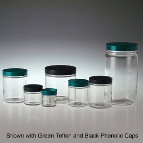 Clear Glass Jars, 16oz, Black Solid Polyethylene Lined Cap, case/12