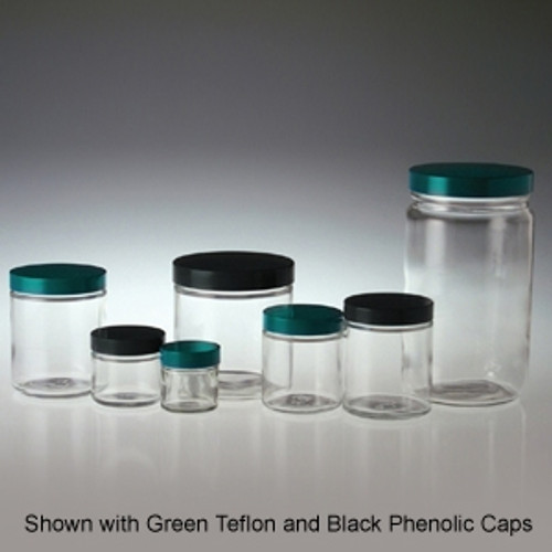 Clear Glass Jars, 32 oz, Black Solid Polyethylene Lined Caps, case/12