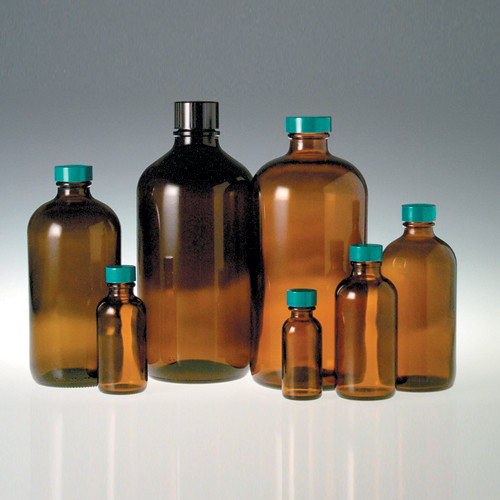 Amber Boston Round Bottles, 8oz, 24-400 Black Phenolic Pulp/Vinyl Lined Cap, case/24