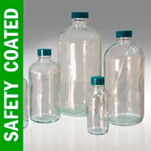 Safety Coated Boston Round Bottles, 16oz, PTFE Lined Caps, case/12