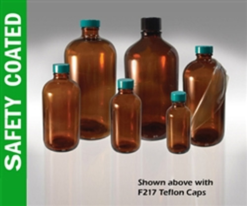 Safety Coated Amber Bottles, 8oz, Green PTFE Lined Caps, case/24