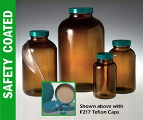Safety Coated Amber Wide Mouth, 250 ml with Green Thermoset F217 & PTFE Lined Caps, case/24