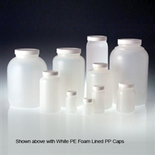 68oz (2,000 ml) Natural HDPE Wide Mouth Rounds with 89-400 White Polypropylene Unlined Caps, case/50