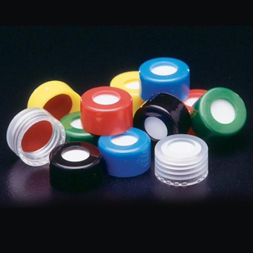 Case of 1000 Black Polypropylene Open Top Screw Caps with PTFE/Silicone 0.065-Inch Septa, Size 8-425 (Product Code: QP-VC11190-122).