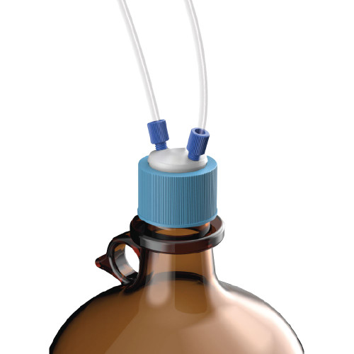 2-Port Cap for Glass Bottle, GL38, Complete Kit, PTFE inner with polypropylene outer spin collar 2-Port Cap for Glass Bottle, GL38, Complete Kit, PTFE inner with polypropylene outer spin collar