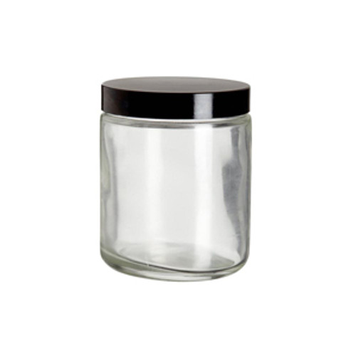 Wheaton® Safety Coated Clear WM Glass Jars, 8 oz, Black Phenolic Vinyl Lined Caps, case/12