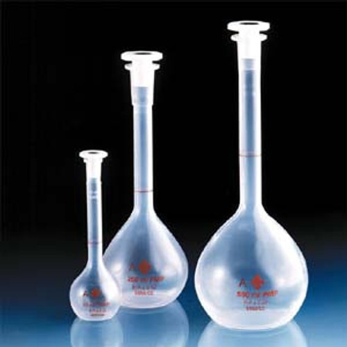 Volumetric flasks in polypropylene (PP), Plastibrand, class B, with PP-stopper  , blue printing