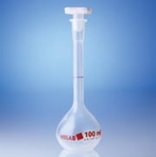 Volumetric flasks in polypropylene (PP), Plastibrand, class B, with PP-stopper  , blue printing