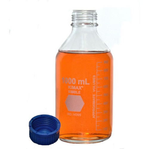 Borosilicate Glass Media Bottles, 50 ml, GL-32, Blue Caps, Schott, case/10