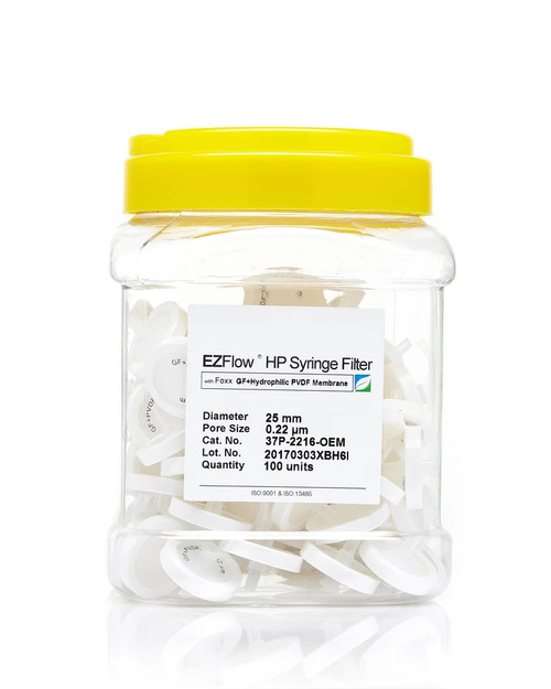 EZFlow 25mm Hydrophilic PVDF Syringe Filter, 100/pack
EZFlow 25mm Hydrophilic PVDF Syringe Filter, 100/pack