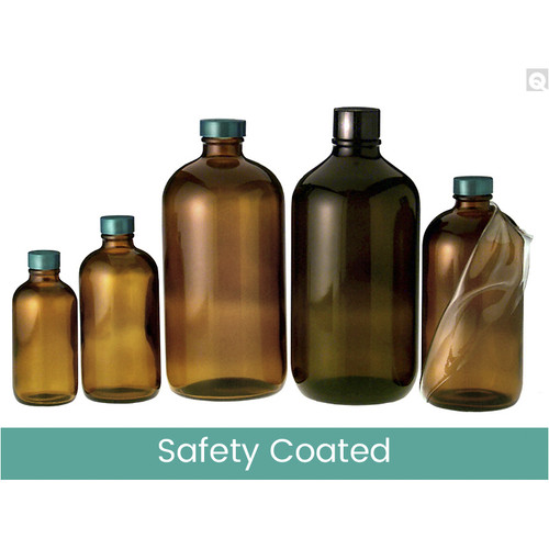 16oz (480mL) Safety Coated Amber Boston Round, 28-400 Green Thermoset F217 & PTFE Lined Caps, case/60 16oz (480mL) Safety Coated Amber Boston Round, 28-400 Green Thermoset F217 & PTFE Lined Caps, case/60