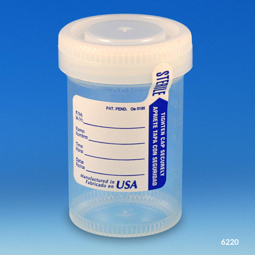 Sterile 4 oz Polypropylene Specimen Cup With 1/4 Turn RED Screwcap and  Tri-Lingual ID Label, Individually Wrapped, 100/CS