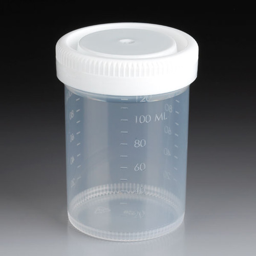 Sterile 4 oz Polypropylene Specimen Cup With 1/4 Turn RED Screwcap and  Tri-Lingual ID Label, Individually Wrapped, 100/CS