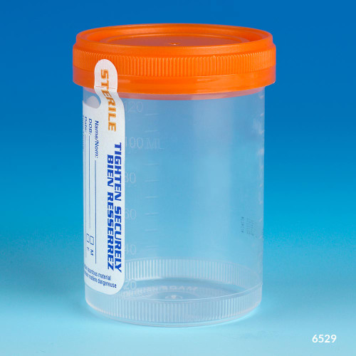 Sterile 4 oz Polypropylene Specimen Cup With 1/4 Turn RED Screwcap and  Tri-Lingual ID Label, Individually Wrapped, 100/CS