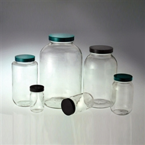 Wheaton® 16oz Clear Wide Mouth Straight Side Glass Bottles, Vinyl Lined  Polypropylene Caps, case/24