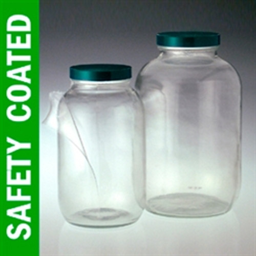 Wheaton® Safety Coated Clear Glass Bottles, 16 oz, Poly Lined Screw Caps,  case/24