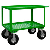 Garden Cart, 10" x 3-1/2" Pneumatic Casters, (2) Rigid, (2) Swivel, 2 Perforated Shelves, 18-1/16" Distance Between Shelves, 1-1/2" Lips Up, Tubular Push Handle, Green