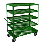 Garden Cart With 6" x 2" Mold-On-Rubber Casters, (2) Rigid, (2) Swivel, 5 Perforated Shelves, 1-1/2" Lips Up, Tubular Push Handle, Green