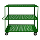Garden Cart With 6" x 2" Mold-On-Rubber Casters, (2) Rigid, (2) Swivel, 3 Perforated Shelves, 1-1/2" Lips Up, Tubular Push Handle, Green