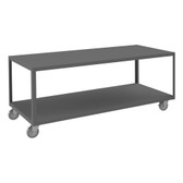 High Deck Mobile Table, 14 Gauge Steel, 2 Shelves, 30 x 72, 1200 lb Capacity, 5" x 1-1/4" Polyurethane Casters - (4) Swivel With Side Brakes, Gray