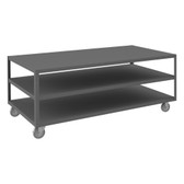 High Deck Mobile Table, 14 Gauge Steel, 3 Shelves, 36 x 72, 1200 lb Capacity, 5" x 1-1/4" Polyurethane Casters - (2) Rigid, (2) Swivel, Side Brakes, Gray