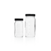 KIMBLE® Clear Glass AC Medium Round Bottles, Convenience Packs (Caps Attached), 250 ml, PTFE-Faced LDPE Foam, case/24