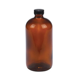Amber Glass 96mm x 210mm 32oz With 33-400 Black Phenolic Polyethylene Lined Screw Cap Wheaton 220946 Safety Coated Bottle Boston Round Style Case of 12