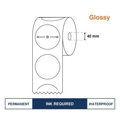 High Gloss Inkjet Synthetic Label Circle 45mm diameter, 1000 Labels/Roll, Best option for Epson TM-C3500 , CW-4010A