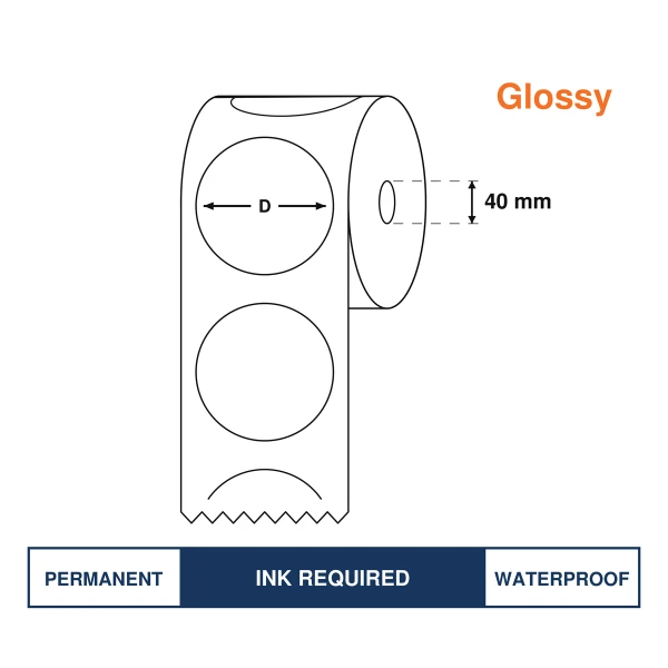 High Gloss Inkjet Synthetic Label Circle 80mm diameter, 500 Labels/Roll, Best option for Epson TM-C3500 , CW-4010A