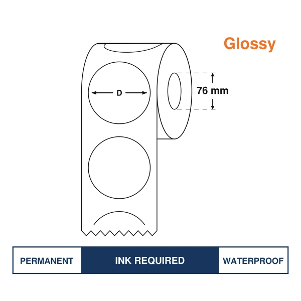 High Gloss Inkjet Synthetic Label 30mm diameter, 1000 Labels/Roll