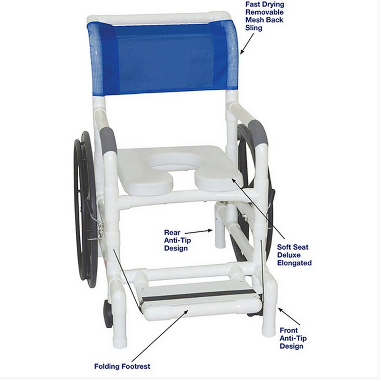 MJM International - Self-propelled AQUATIC / REHAB shower transport chair 22" internal width- 24" rear wheels- open front soft seat- 350 lbs weight capacity - # 135-22-24W - Description