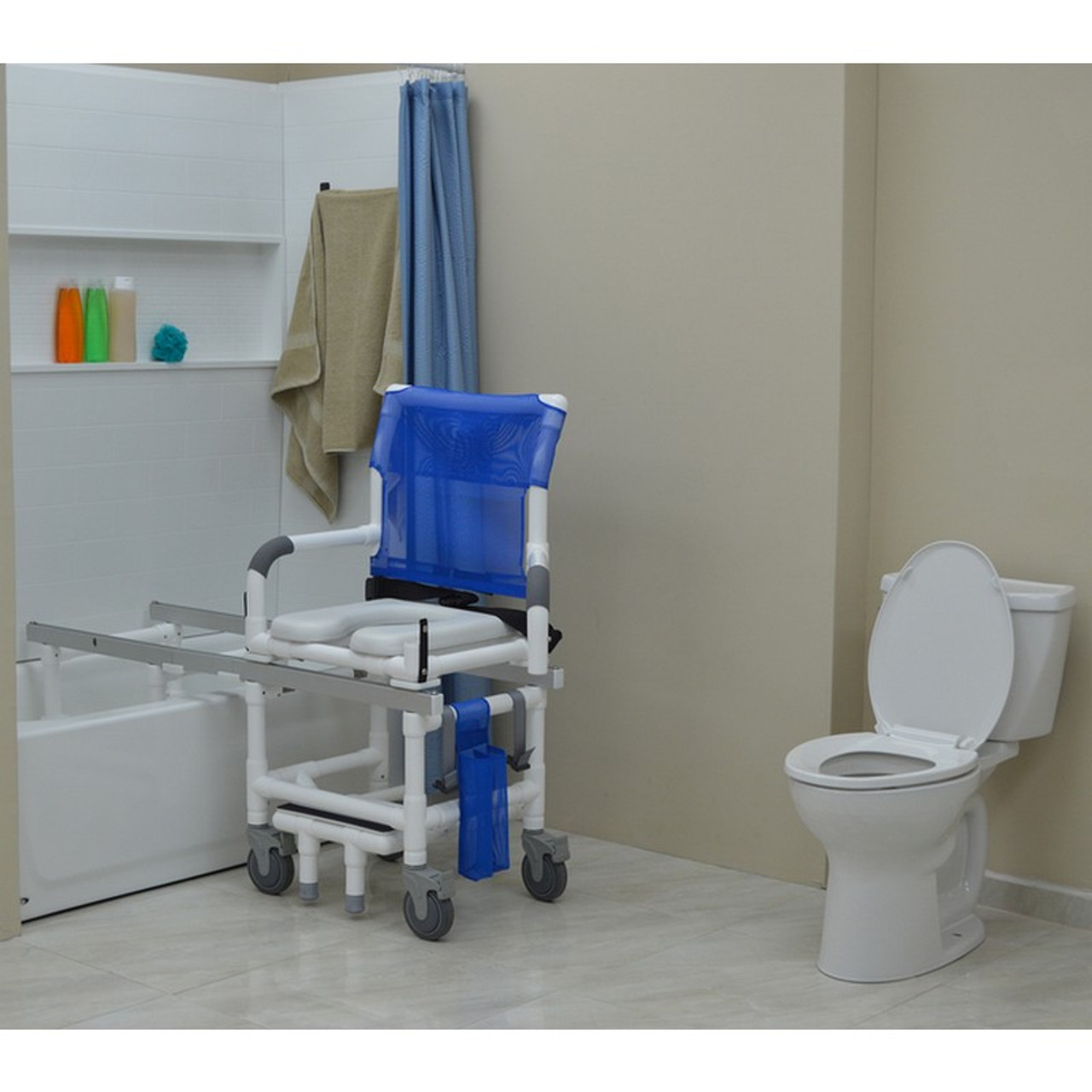 MJM International - Dual Shower/Transferchair w/deluxe elongated open front soft seat - 300 lbs weight cap. - D118-5-SLIDE-N - Reduces unnecessary transfers.