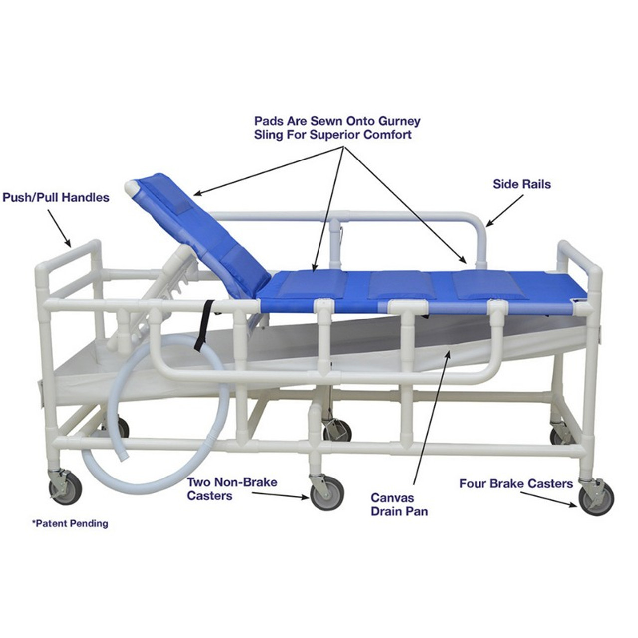 MJM International - Shower Gurney with Canvas Drain Pan and Duo Sling - 450 Lbs Weight Cap. - 910 - Shower Gurney With Five Position Elevating Headrest