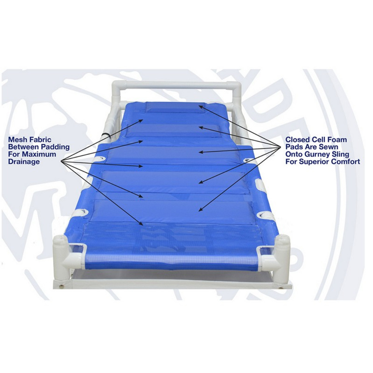 MJM International - Shower Gurney with Canvas Drain Pan and Duo Sling - 450 Lbs Weight Cap. - 910 - Pads Are Sewn Onto The Mesh Sling And Stay In Place While Gurney Is In Use