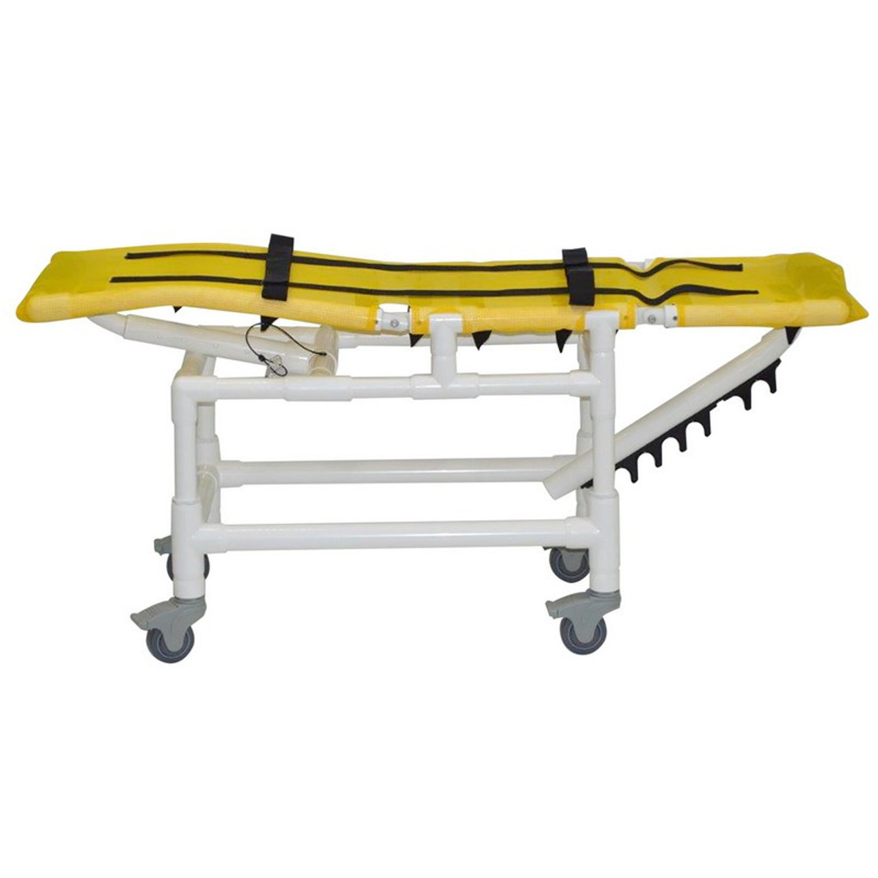 Med. Multi-Pos. Bath Chair - 197-MC-22  - Reclined - These bathing chairs cannot lie totally flat because the reline mechanism hits the base and keeps the back from laying flat. There is a slight angle.