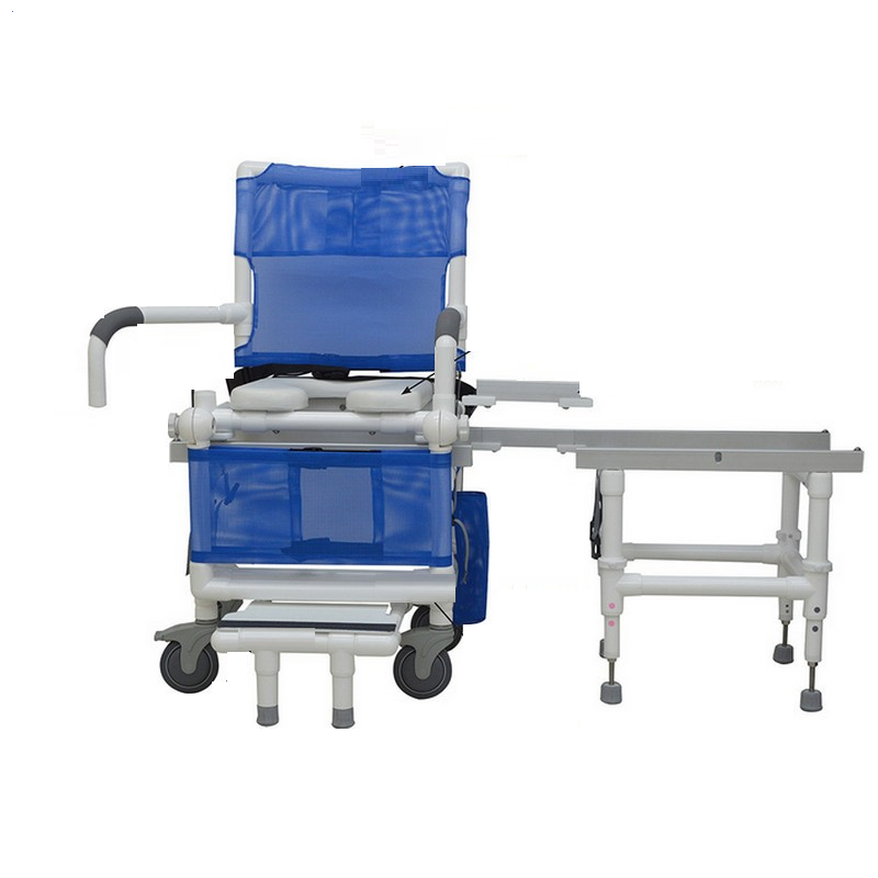 MJM Intl - Dual Shower/Transferchair w/ deluxe elongated open front soft seat and adjustable leg support - 300 lbs weight cap. - D118-5-A-SLIDE-N