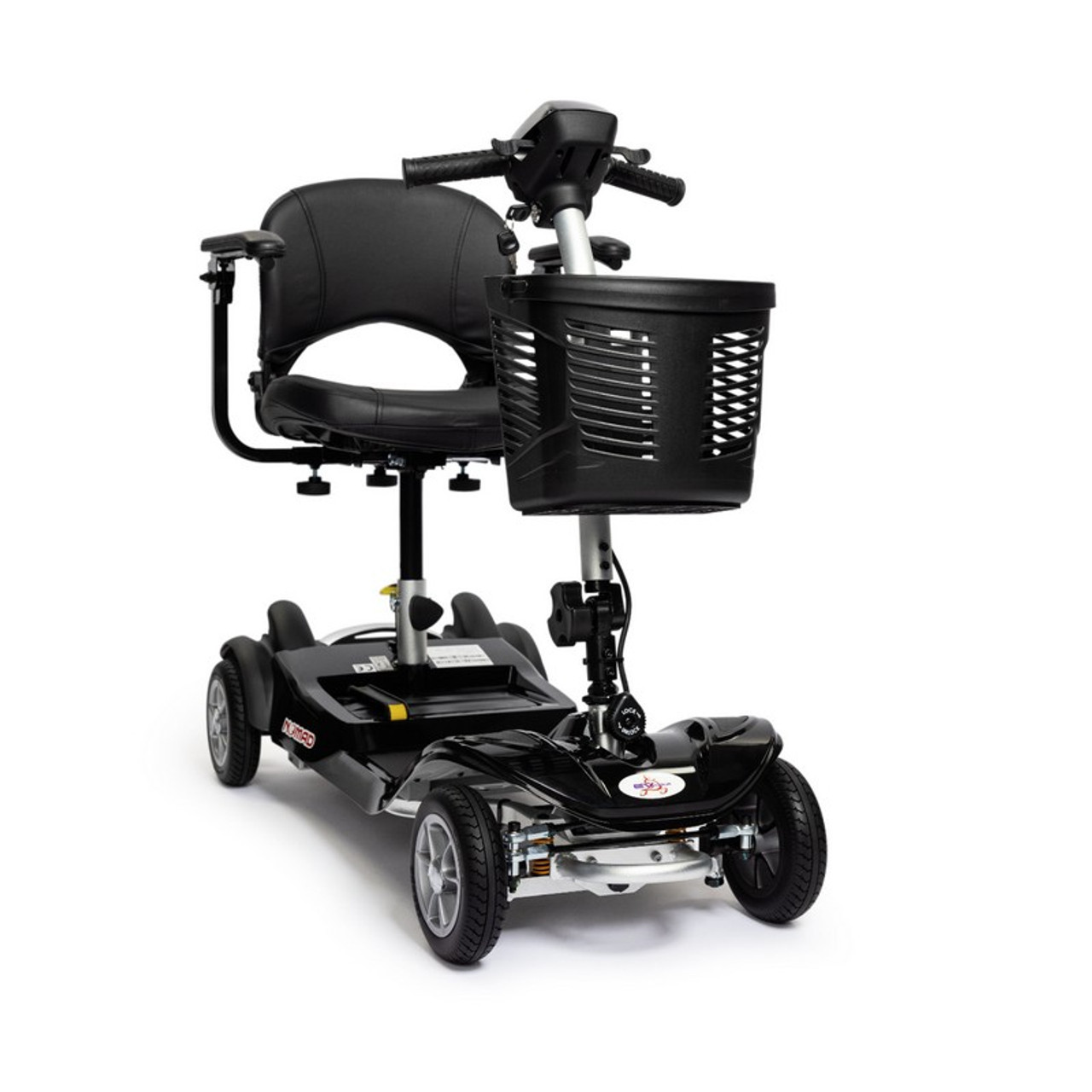 EV Rider - Demo - Nomad 4-Wheel Mobility Scooter with Basket - T4SU-BK - Open Box - Designed for ultimate comfort with a padded seat, full suspension, and adjustable armrests. EV Rider - Demo - Nomad 4-Wheel Mobility Scooter with Basket - T4SU-BK - Open Box - Designed for ultimate comfort with a padded seat, full suspension, and adjustable armrests.