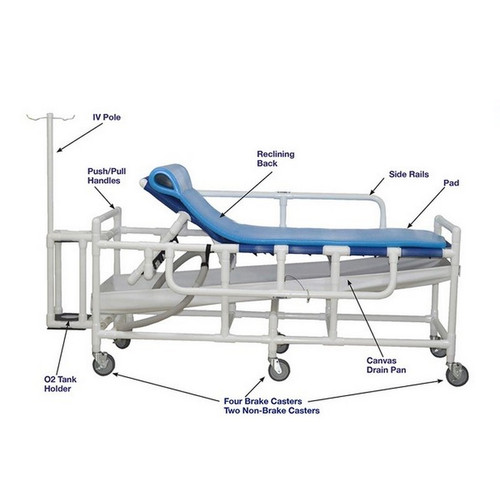 MJM Intl - Gurney w/Canvas, Drain Pan, and IV Pole - 910-IV-POLE-TH - Five Position Shower Gurney Comes With Closed Cell Waterproof Foam Pad.