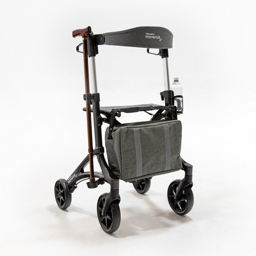Triumph Mobility - Maverick Rollator (Carbon Fiber) # 520-10228 - Front view with the bag attached and the cane