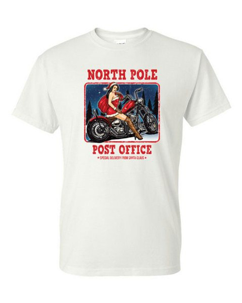 Adult DryBlend® T-Shirt - NORTH POLE POST OFFICE SEXY PINUP SANTA BIKER - WINTER / CHRISTMAS